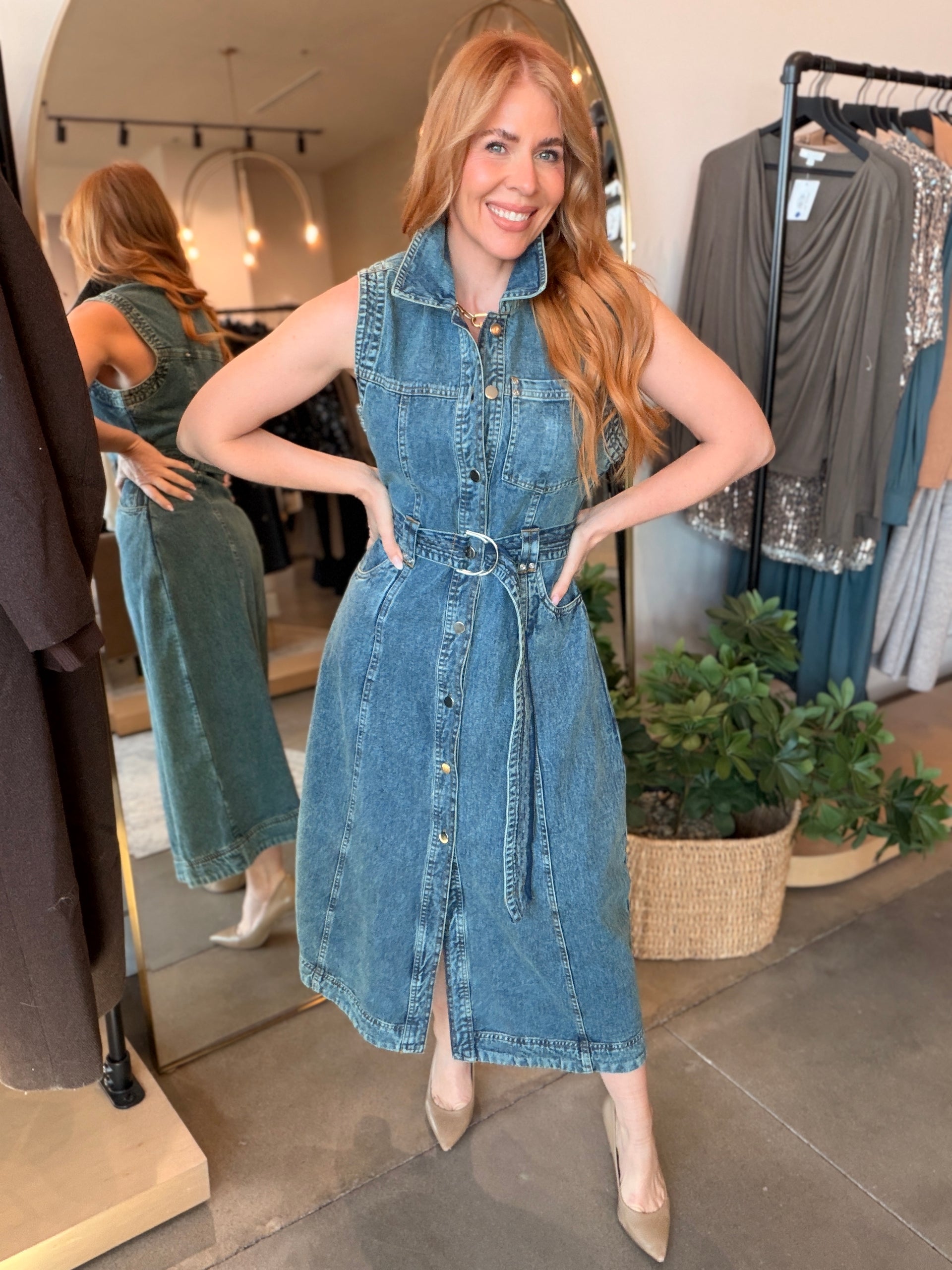 sleeveless denim midi dress Midi Sleeveless A Line Denim Dress L