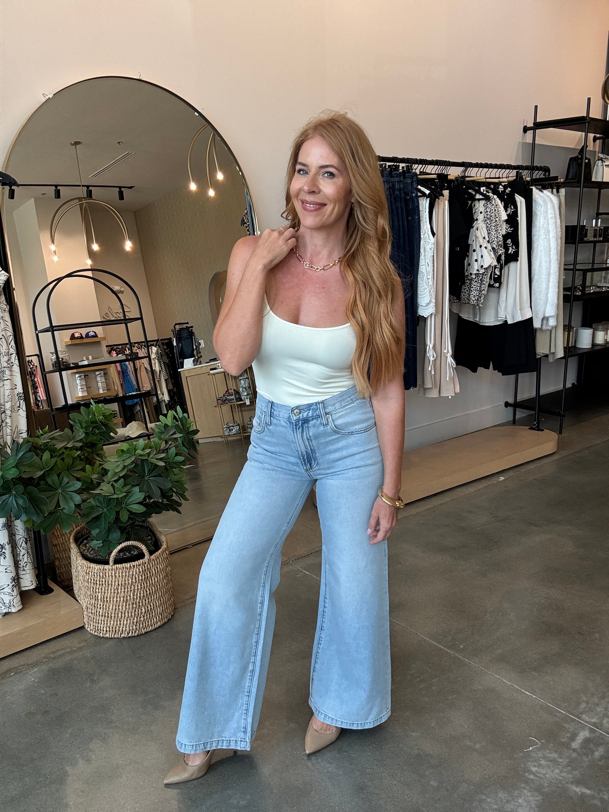 【BAON】Socif line color matching denim banding pants Nihsatin Women's Two Tone Jeans Wide Leg High Waisted